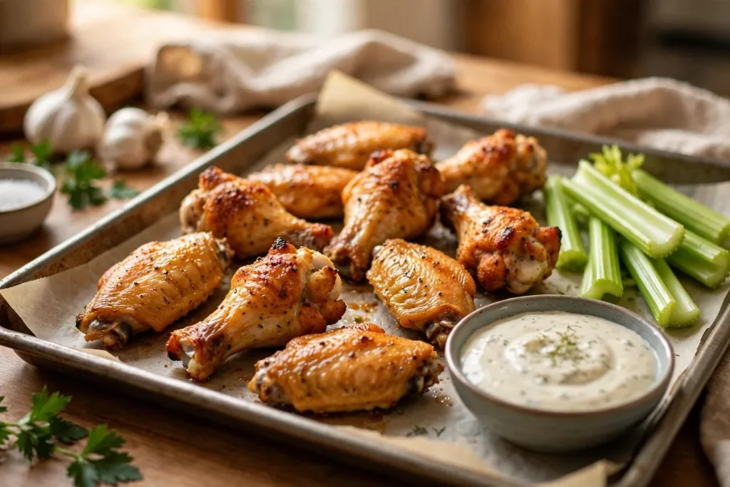 Golden baked chicken wings on a tray with celery sticks and a bowl of dip