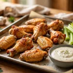 Golden baked chicken wings on a tray with celery sticks and a bowl of dip