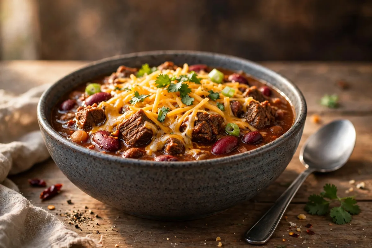 Bowl of beef chili with shredded cheese