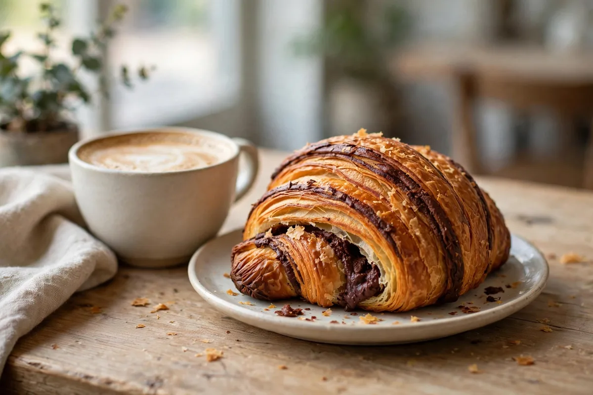 Chocolate croissant on a plate beside a cup of coffee