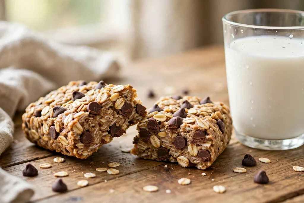 clif bar chocolate chip — an energy bar broken in half showing oats and chocolate chips beside a glass of milk