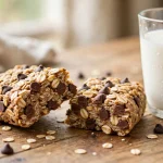 clif bar chocolate chip — an energy bar broken in half showing oats and chocolate chips beside a glass of milk