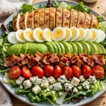 Cobb salad with chicken, egg, avocado and bacon in rows