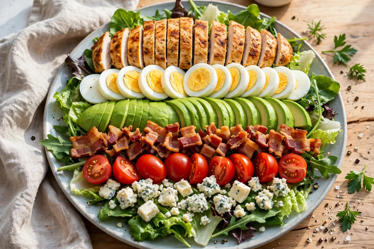 Cobb salad with chicken, egg, avocado and bacon in rows