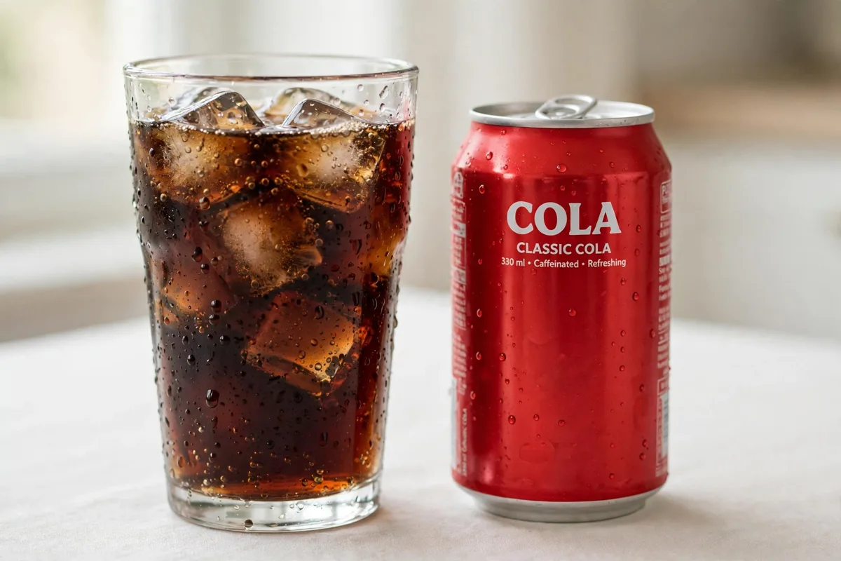 Glass of cola with ice beside a red soda can