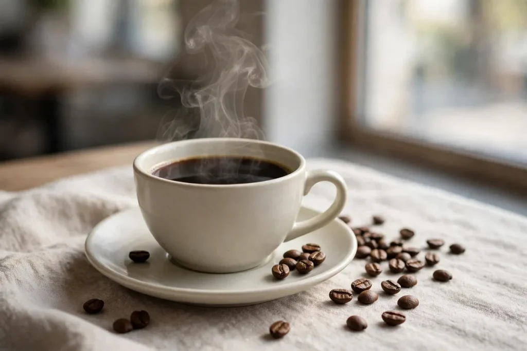 A cup of black coffee with steam rising and coffee beans on a saucer