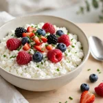 Bowl of low-fat cottage cheese with berries and chives