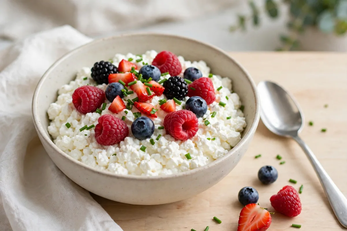 Bowl of low-fat cottage cheese with berries and chives