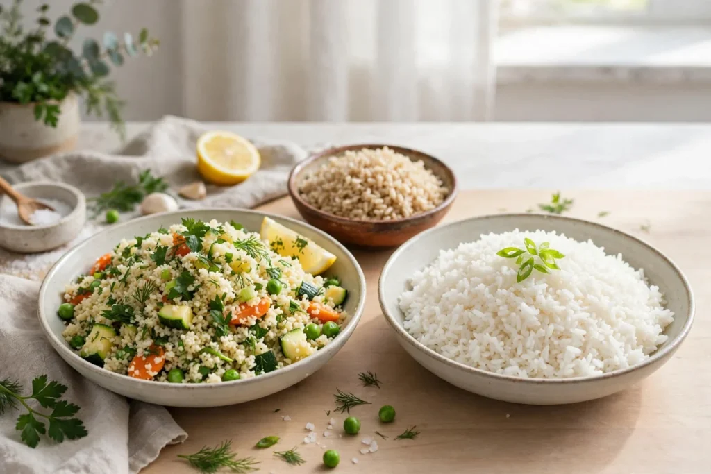 bowls of couscous and rice compared side by side