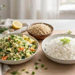 bowls of couscous and rice compared side by side