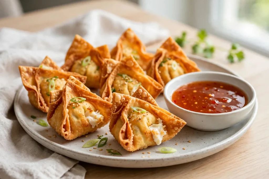 Plate of golden fried crab rangoon with sweet chili dipping sauce