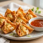 Plate of golden fried crab rangoon with sweet chili dipping sauce