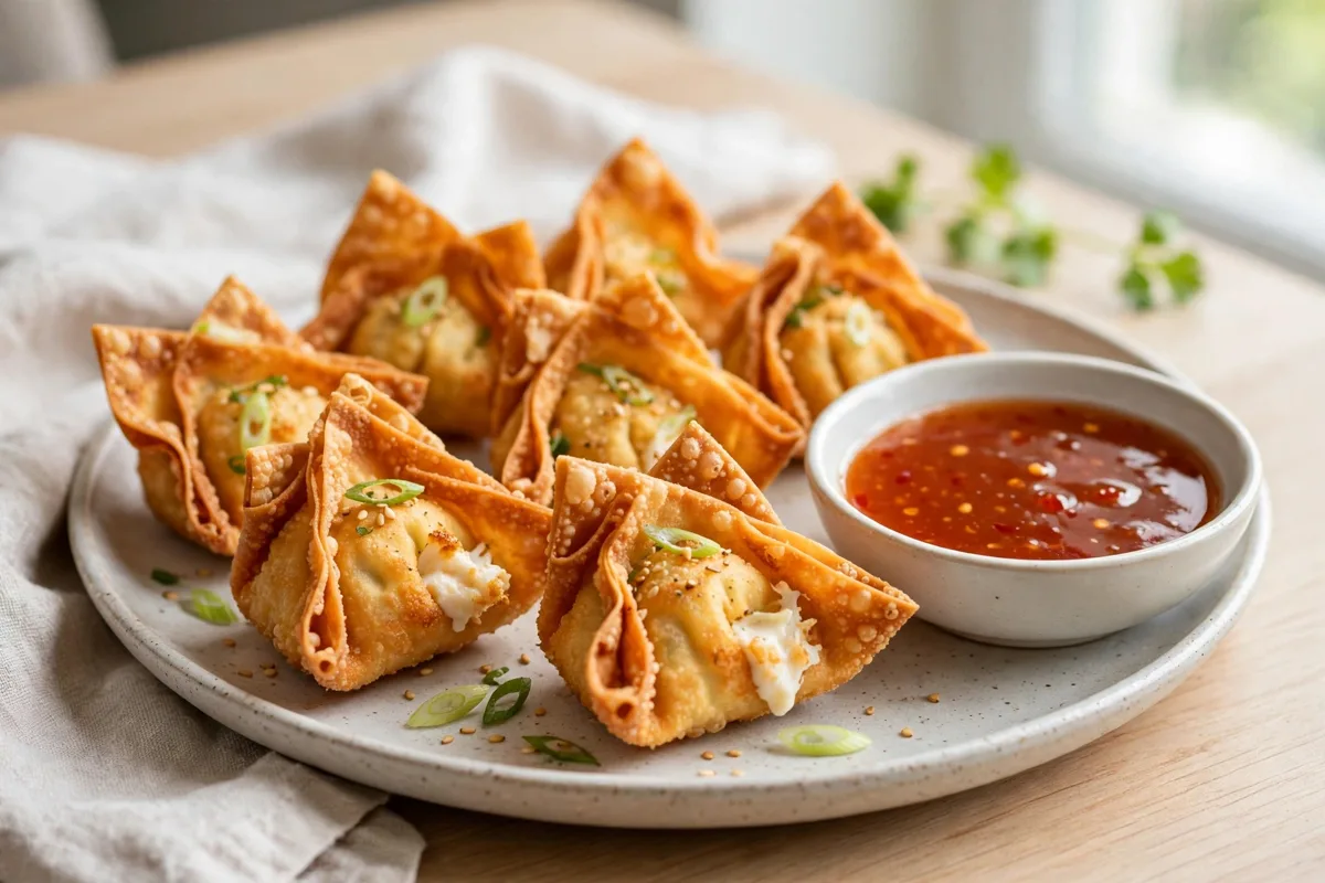 Plate of golden fried crab rangoon with sweet chili dipping sauce