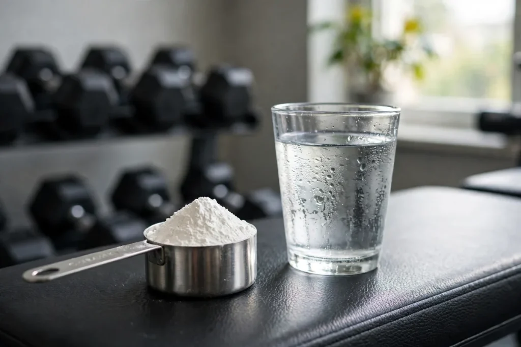 A scoop of creatine powder next to a glass of water on a gym bench with dumbbells behind