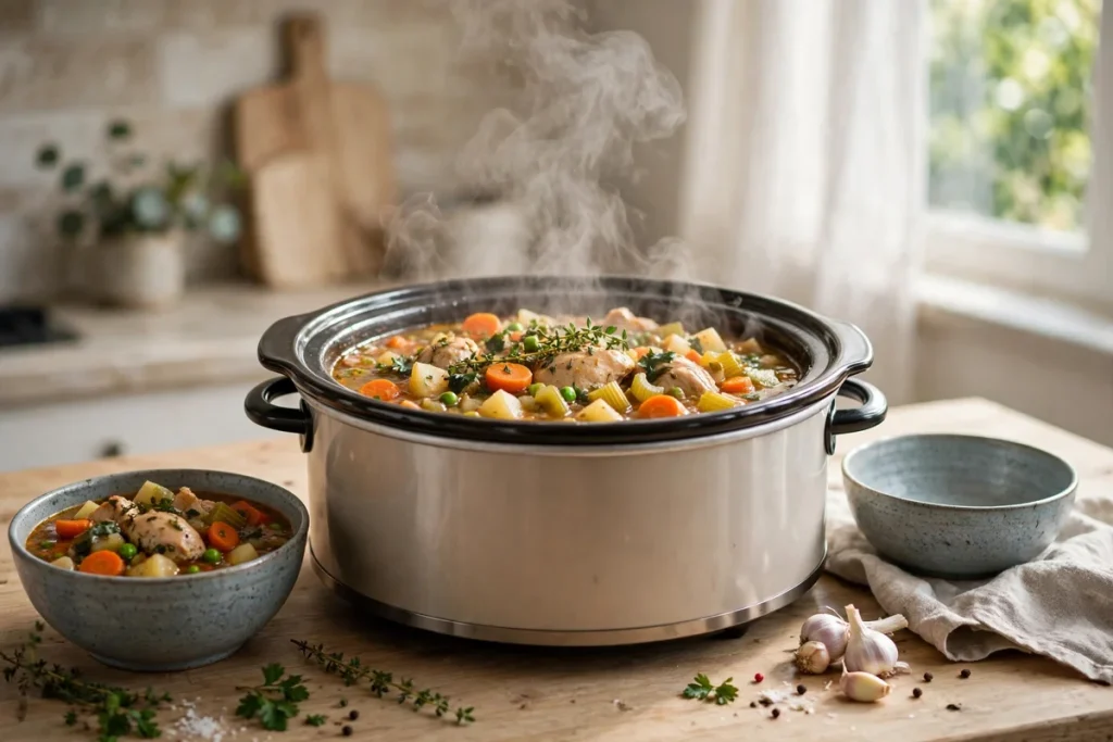 crock pot healthy meal — a slow cooker of chicken and vegetable stew with bowls beside it