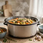 crock pot healthy meal — a slow cooker of chicken and vegetable stew with bowls beside it
