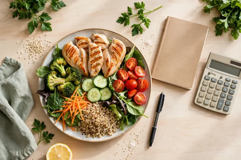 How many calories should I eat daily - a healthy balanced meal plate with a calculator and notebook