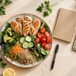 How many calories should I eat daily - a healthy balanced meal plate with a calculator and notebook