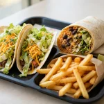 Soft tacos and a burrito with fries on a fast-food tray