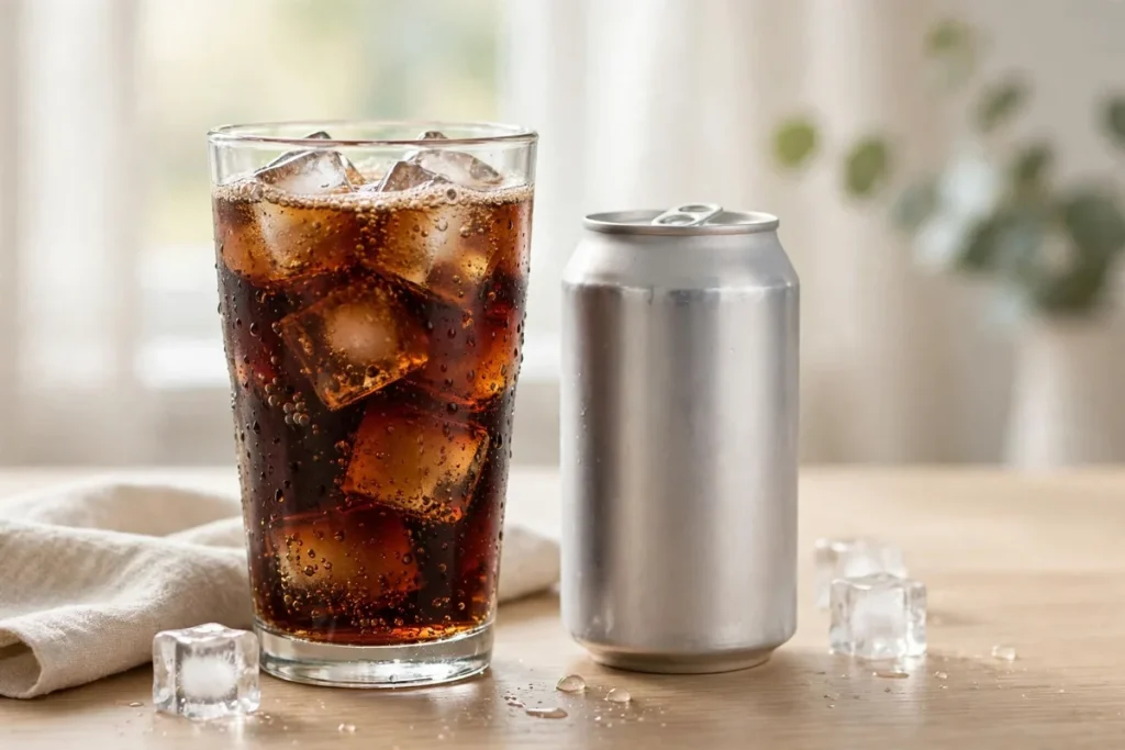 Glass of cola with ice beside a silver soda can