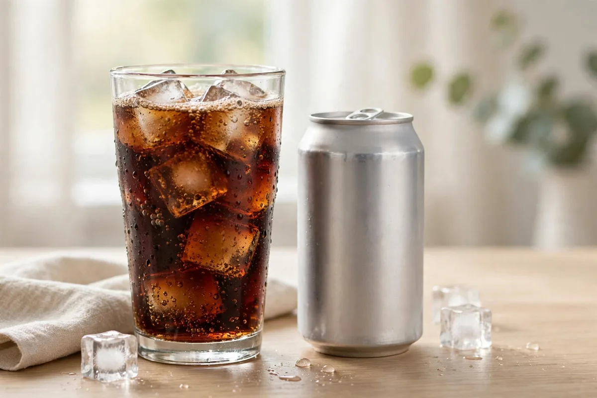 Glass of cola with ice beside a silver soda can