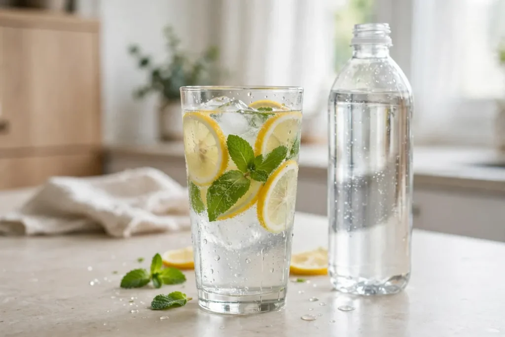 Does water have calories - a glass of sparkling water with lemon slices and mint next to a water bottle