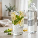 Does water have calories - a glass of sparkling water with lemon slices and mint next to a water bottle