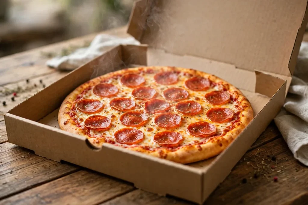 A whole pepperoni pizza in an open delivery box on a wooden table