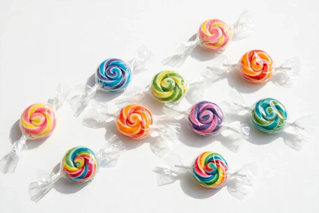 Colorful mini lollipops in wrappers scattered on a white background