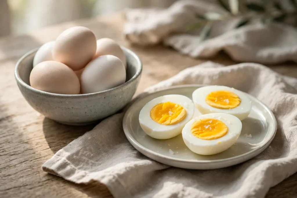 Hard-boiled eggs cut in half on a plate next to a bowl of whole eggs