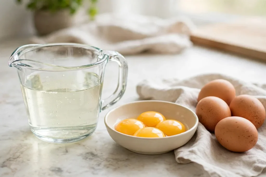 A measuring cup of egg whites next to a bowl of egg yolks and whole eggs