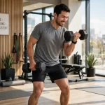 How to get a faster metabolism - a man strength training with dumbbells in a bright gym