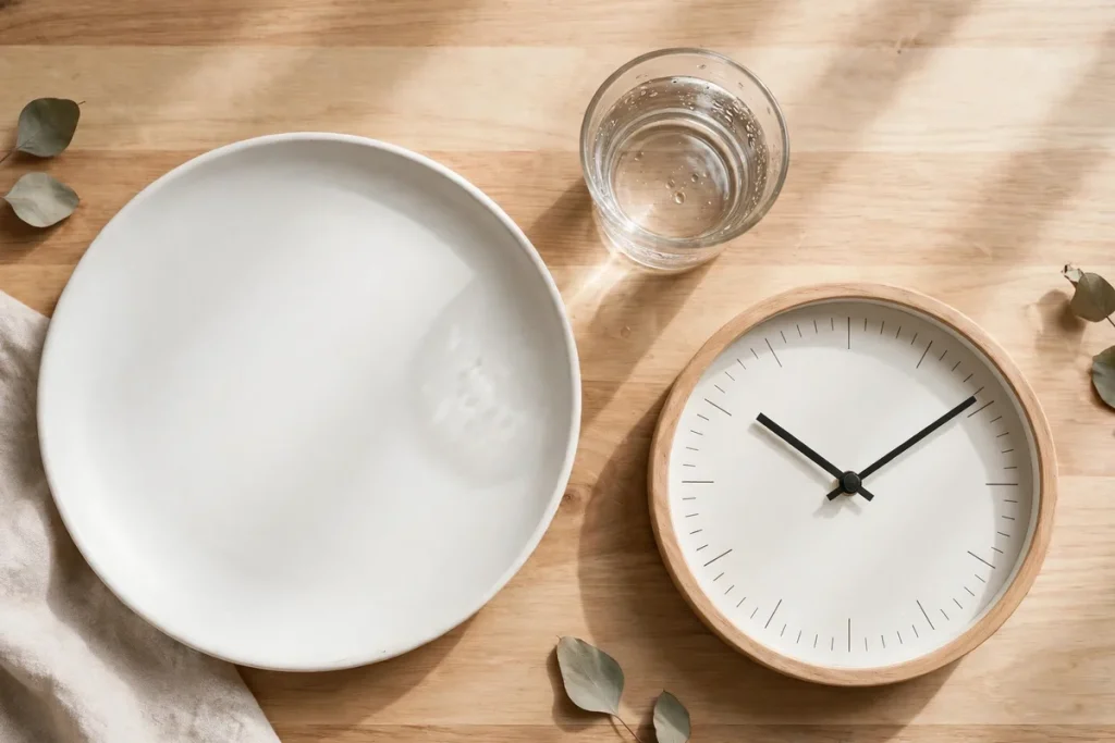 An empty white plate beside a simple clock and a glass of water on a wooden table