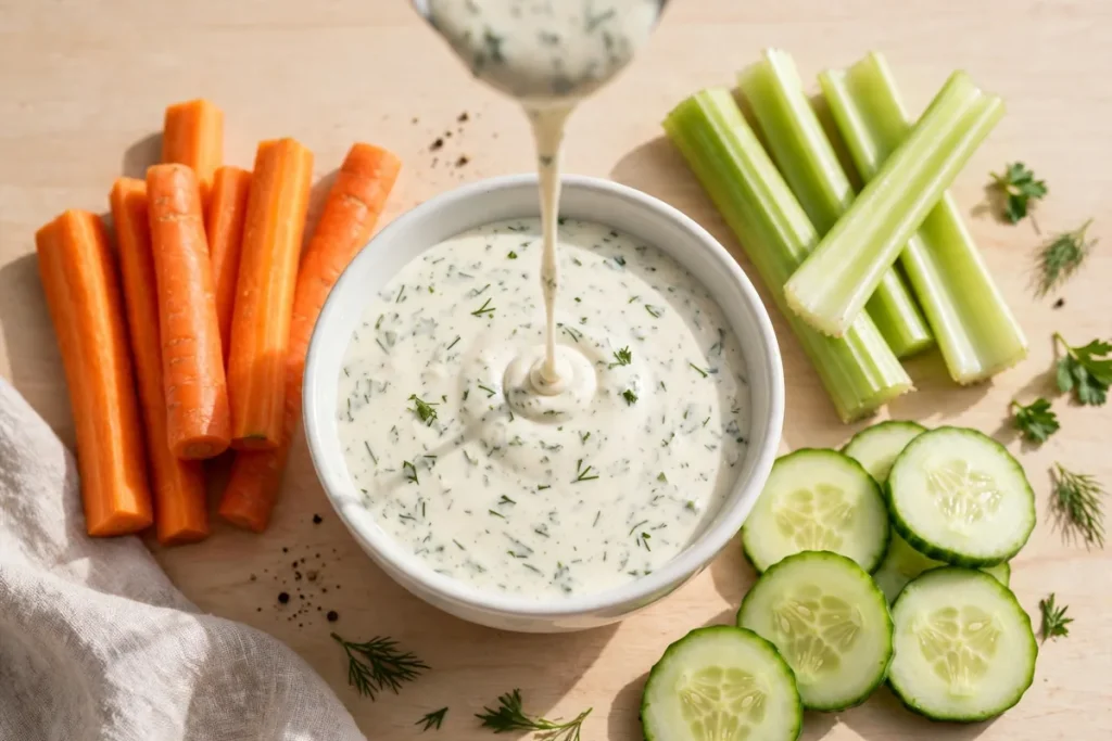 bowl of ranch dressing with carrot and celery sticks beside it
