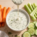bowl of ranch dressing with carrot and celery sticks beside it