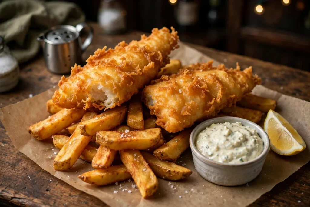 fish and chips with thick-cut chips and tartar sauce