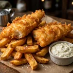 fish and chips with thick-cut chips and tartar sauce