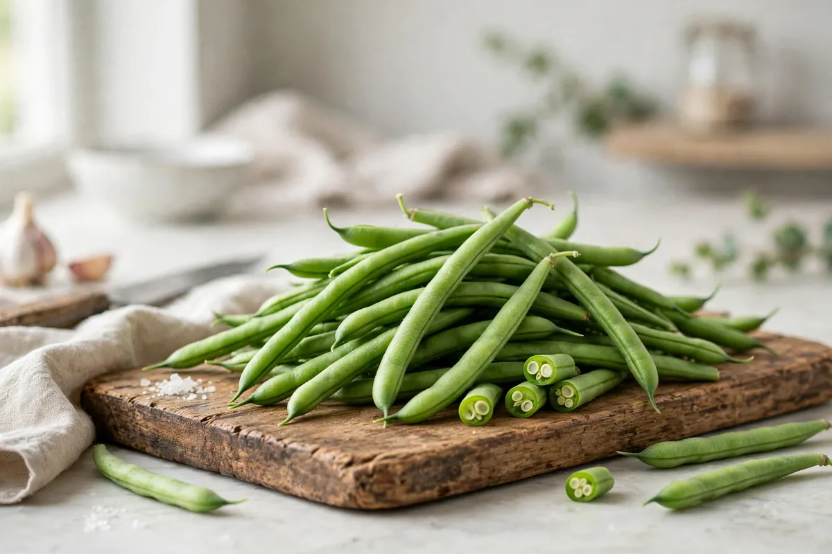 Fresh green french beans piled on a wooden board
