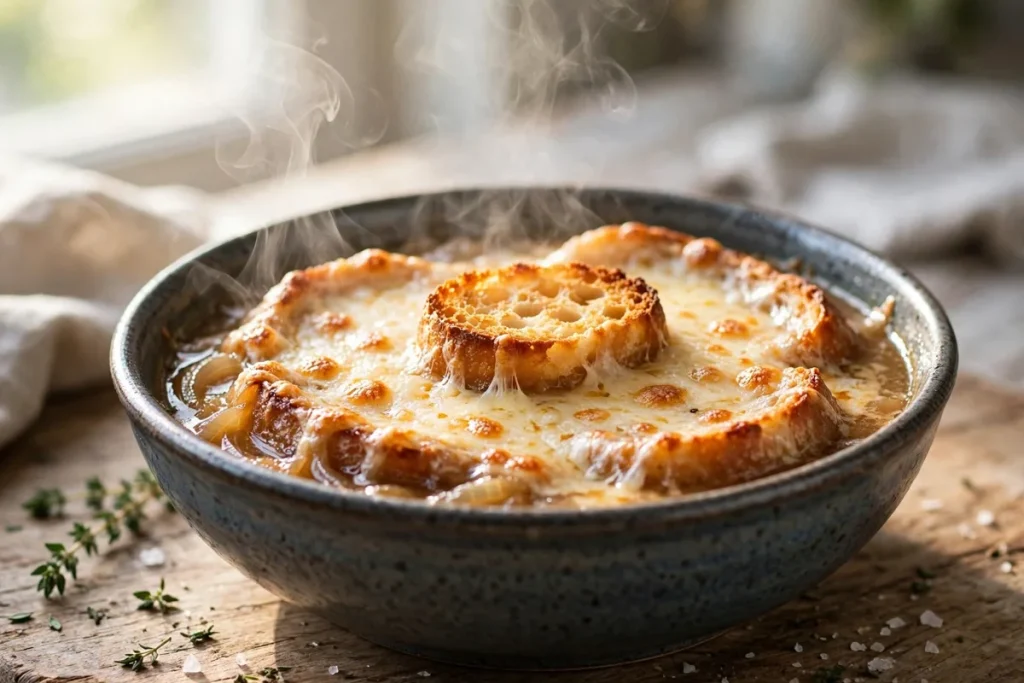 French onion soup with melted cheese and a crouton