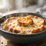 French onion soup with melted cheese and a crouton