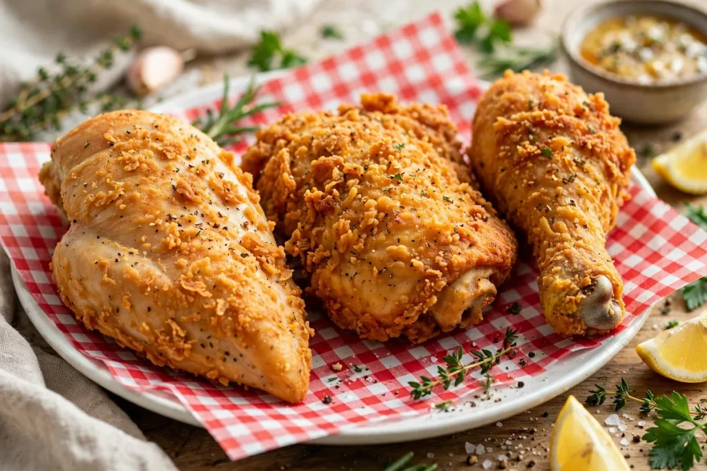 Crispy fried chicken breast, thigh and drumstick on red checkered paper