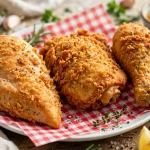 Crispy fried chicken breast, thigh and drumstick on red checkered paper