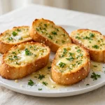 Golden garlic bread slices with butter and parsley on a plate