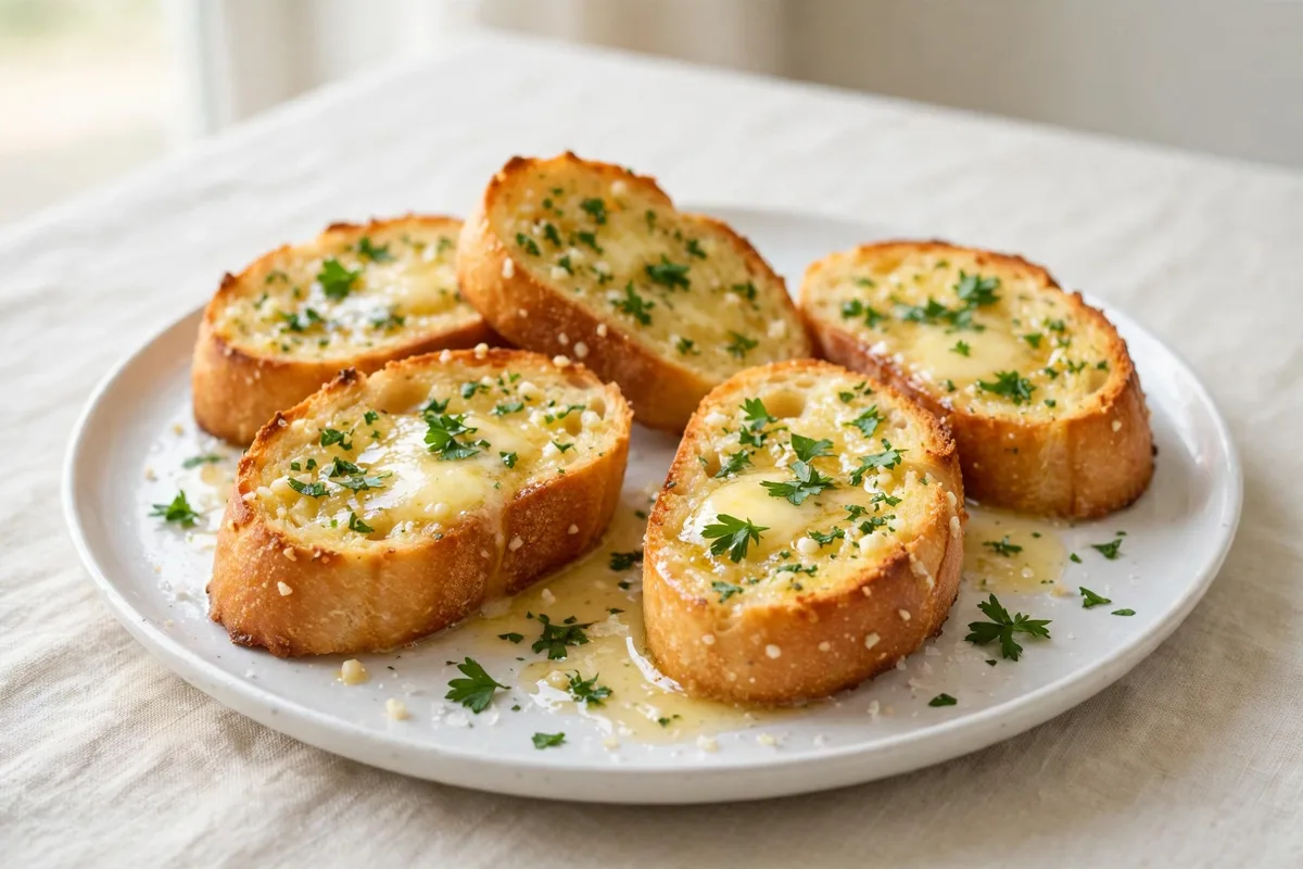 Golden garlic bread slices with butter and parsley on a plate
