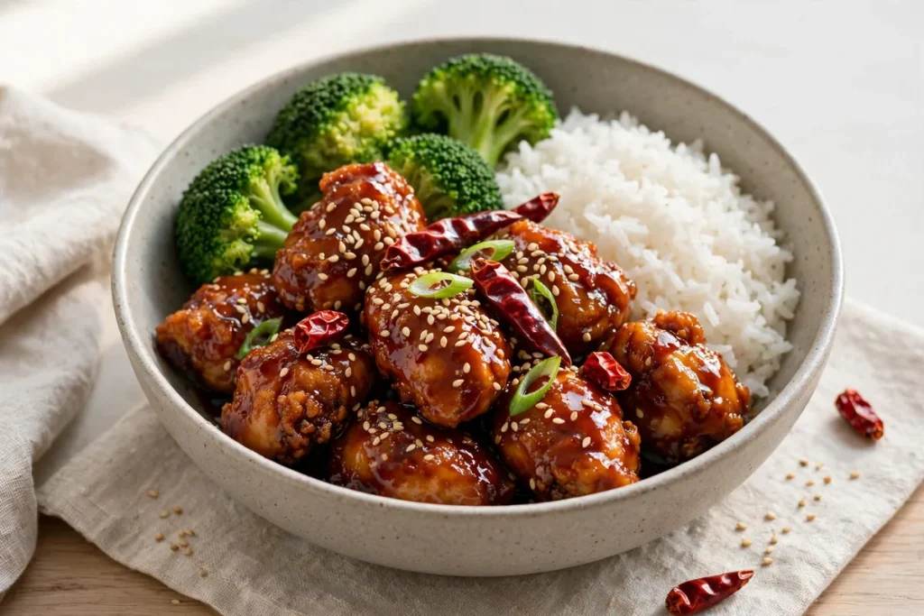 General Tso's chicken with rice and broccoli in a bowl