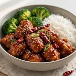 General Tso's chicken with rice and broccoli in a bowl