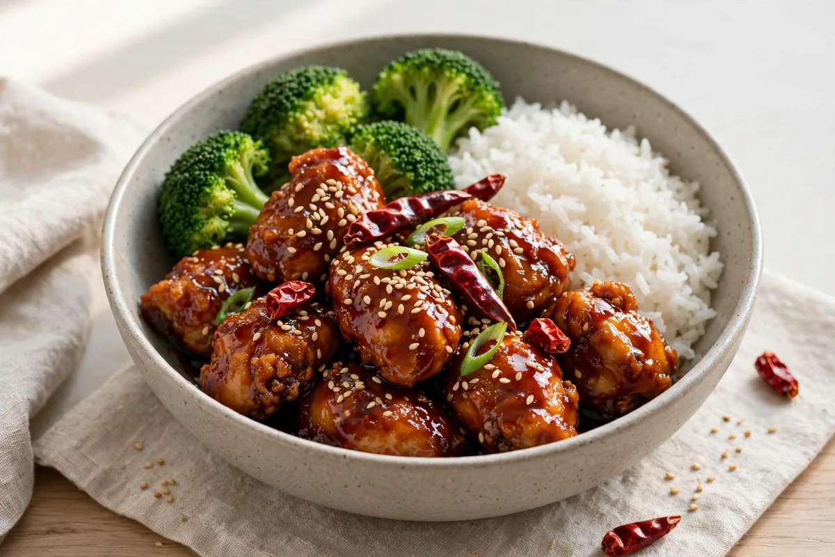 General Tso's chicken with rice and broccoli in a bowl