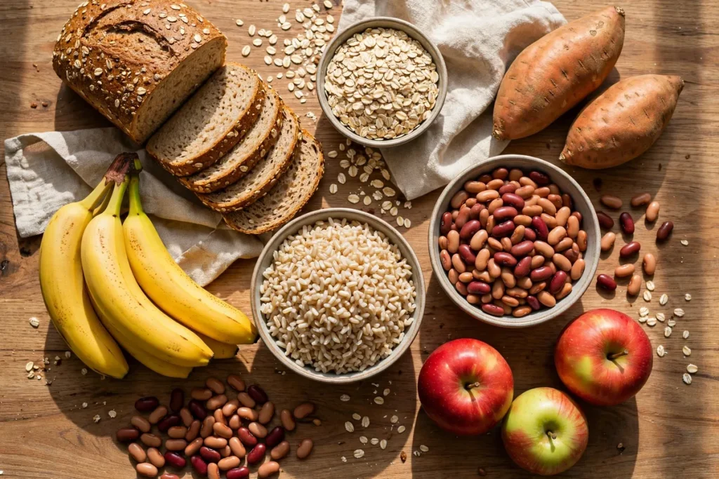 Healthy carbohydrate foods on a wooden table — whole grain bread, oats, bananas, brown rice, beans, sweet potatoes and apples