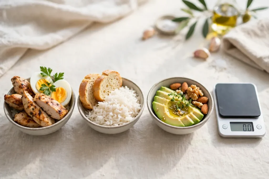 Calories in a gram of protein, carbs and fat - three bowls with chicken and eggs, rice and bread, and avocado with nuts, next to a kitchen scale