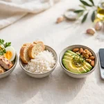 Calories in a gram of protein, carbs and fat - three bowls with chicken and eggs, rice and bread, and avocado with nuts, next to a kitchen scale